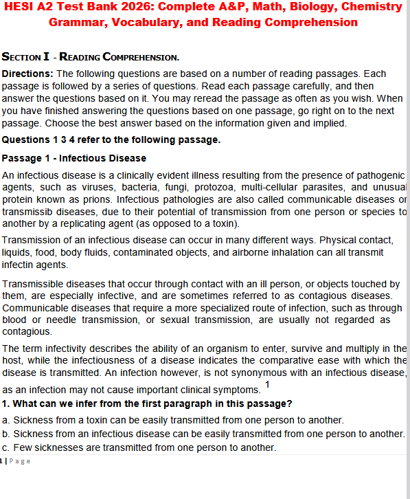 HESI A2 Test Bank 2026: Complete A&P, Math, Biology, Chemistry Grammar, Vocabulary, and Reading Comprehension - Image 2